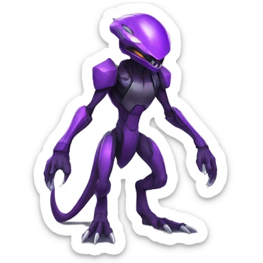 a black-purple Genesect-Raptor-Fakémon—hybrid with a futuristic visor-helmet full body sticker