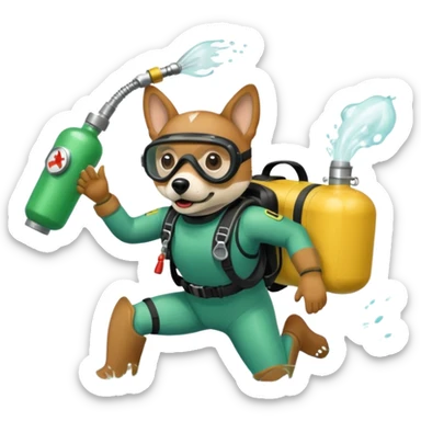 dog wearing scuba green gear dive into the sea with diver mask and oxygen tank sticker