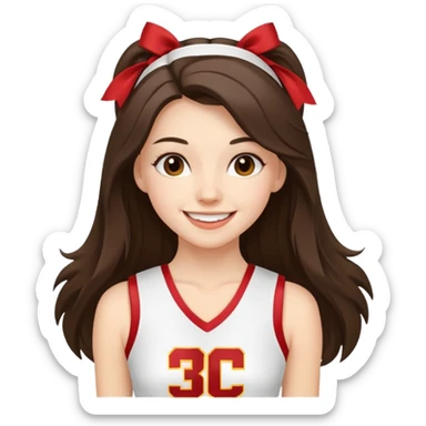 skinny white happy long haired brunette girl in a white USC cheerleader costume sticker