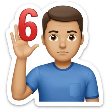 man frowning holding up numbers 6 in left hand and 7 in right hand sticker