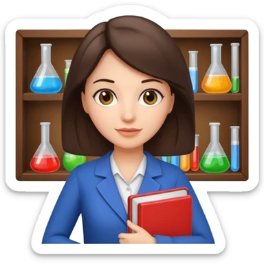 A brunette teacher holding a chemistry textbook sticker