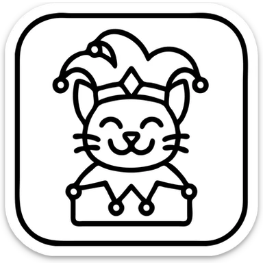 crazy cute little cat jolly joker from poker, medieval, vintage, court jester, mac os icon, purple, gold and red color, head + torso. Squared shape as 3D mac os system icon, symmetrical sticker