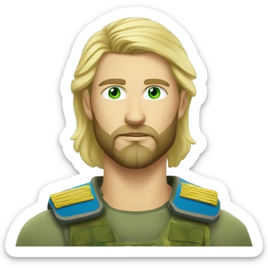 ukrainian military blonde man with a beard with green eyes with blue viking paint on the face  sticker