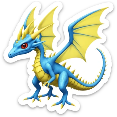 edgy cool badass spiky blue and yellow Winged Helioptile-Amaura-Flygon-Fakémon-hybrid-creature (full body)  sticker