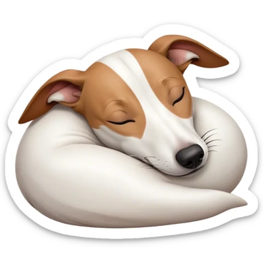 Meme-Worthy Cute Sleeping White and Brown Greyhound Portrait Emoji, Head resting peacefully with a contented smile, showcasing a lean, graceful build and a luxuriously smooth Fur of white with brown accents, eyes shut in a serene nap, Simplified yet hilariously adorable features, highly detailed, glowing with a soft, drowsy light, high shine, relaxed and utterly lovable, stylized with an air of playful laziness, bright and heartwarming, soft glowing outline, capturing the essence of a comically sleepy racer, so meme-worthy it feels like it could instantly become the next viral sensation of adorable slumber! sticker