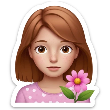Girl with With light brown hair and a summer pink flower on her head and freckles sticker