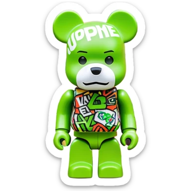 classic bearbrick figure with lime green mask filled with overlapping brand logos in wild graffiti style, street art aesthetic, many random logos like LV, Supreme, Nike all over the mask, bold eyebrows sticker