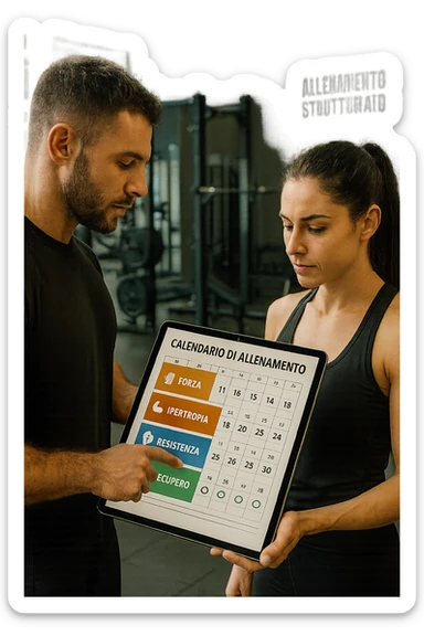 realistic cinematic photo a personal trainer and a client stand in a modern gym, reviewing a large, color-coded training calendar or chart on a tablet. The calendar shows different phases (Forza, Ipertrofia, Resistenza, Recupero) with icons and dates. Around them, gym equipment and motivational posters reinforce the idea of structured, periodized training. in italiano sticker