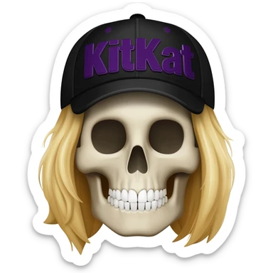 Create a skeleton head wearing a black baseball cap that says "Kit Kat" in dark purple lettering, with long blonde hair sticker