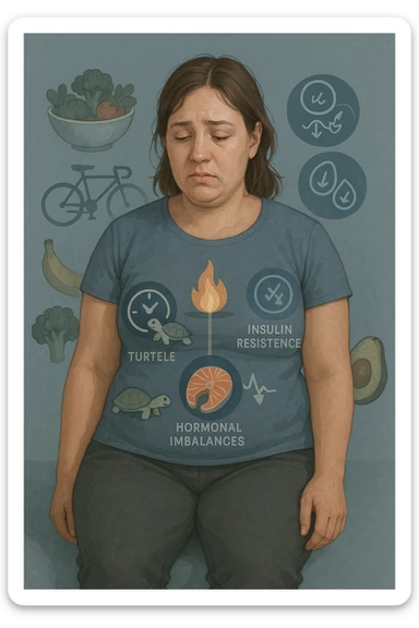 Donna tra i 25 e i 35 anni con fisico leggermente gonfio e postura affaticata, seduta con sguardo stanco. In trasparenza sul suo corpo, si vedono elementi simbolici: una fiamma metabolica molto piccola nel centro dell’addome, una tartaruga accanto a un simbolo di orologio rallentato, indicatori visivi di insulino-resistenza e squilibri ormonali. Intorno a lei: cibo sano non digerito bene, attività fisica poco efficace. Colori spenti attorno al corpo, con toni freddi e lentezza visiva. Stile realistico con elementi infografici e simbolici integrati sticker