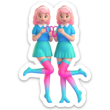 Cute girl character in stockings adjusting fashion accessory, pink gradient from bright pink to light pink, transparent glass style with highlights sticker