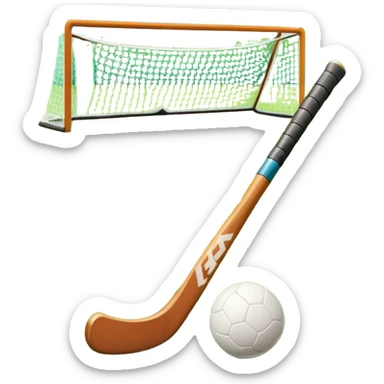 A field hockey stick and ball resting on a well-maintained green grass field, with the goalposts and markings visible in the background. The scene highlights the precision and focus of the sport, with the vibrant green pitch creating a dynamic atmosphere. sticker