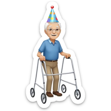 Old man with Zimmer frame celebrating birthday sticker