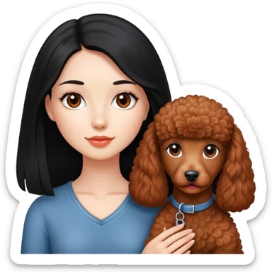 A beautiful girl with fair skin has long straight black hair and a miniature reddish-brown Poodle. sticker