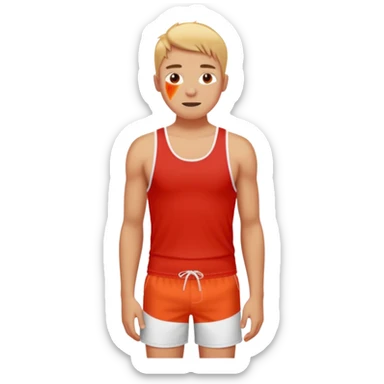 image of person in swimshorts which is sunburned - the skin is red, on the person chest it should be white (as a white outline of a tank top)  sticker