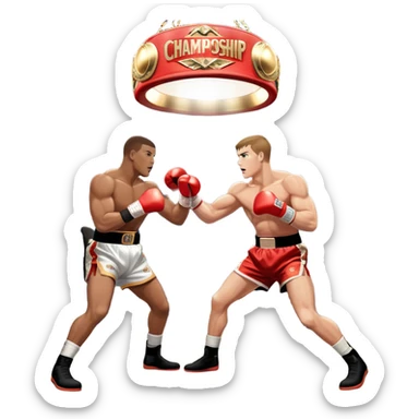  a high-stakes boxing match for the world championship title. Two professional boxers, wearing gloves and championship belts, exchange powerful punches in the center of the ring. The background features a packed arena with bright lights, a roaring crowd, and the championship banner hanging above.  sticker