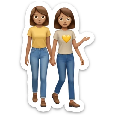 based on emoji style, two people walking together. one is brown-haired woman, wearing business casual,  Another one is a non-binary person, wearing t shirt and jeans, and the second person doesn't have anything on their hands. sticker