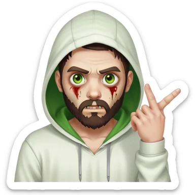 zombie pointing finger, undercut hairstyle with dark brown hair, short full beard, heterochromia with one green eye and one brown eye, wearing plain white hoodie with hood up sticker