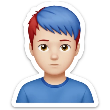 teenage boy with blue short hair, red hair ends. he is wearing a white t-shirt. sticker
