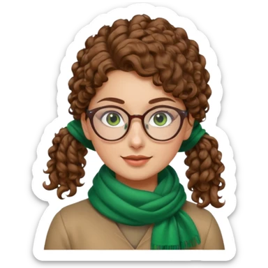 iranian woman, tight curly light brown hair in one high pony tail, glasses, green eyes, pretty, oval shape face, no hajib, scarf on neck sticker