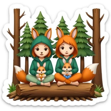 two forest women with cute fox and rabbit hoodies sitting together on log sticker