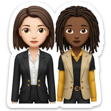white woman brunette with short hair feminine clothes. And black woman with long dread locks with more masculine clothes sticker