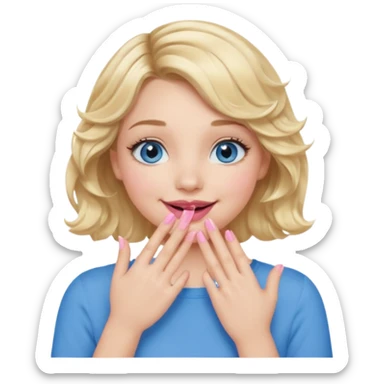 Girl Blonde short wavy hair,  blue eyes, cute blue top, long lashes, pink lips, smiling, hand covering the mouth sticker