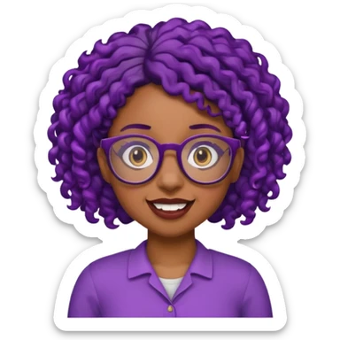 nerd emoji like with glasses showing only her 2 buck teeth but it’s a black girl with purple black curly hair no shoulders sticker