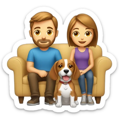 Brown hair White boy and girl with beagle Sit on couch sticker