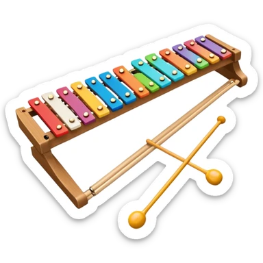 Create a vibrant and detailed emoji representing a Fleet FLT-SX37 xylophone. The design should feature the sleek wooden keys of the xylophone, arranged neatly on the frame, with metal bars clearly visible. Add the mallets placed beside the instrument or in motion, highlighting their soft rubber heads. Use warm, natural wood tones for the keys, with subtle metallic accents to reflect the professional quality of the instrument. Add small musical notes or soundwaves around the xylophone to evoke its bright, percussive sound. The background should be transparent. sticker