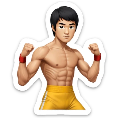 Cinematic Realistic portrait of Bruce Lee, shown as a legendary martial artist in a dynamic, powerful pose with modern athletic attire and finely detailed muscle definition, rendered in dramatic action lighting sticker