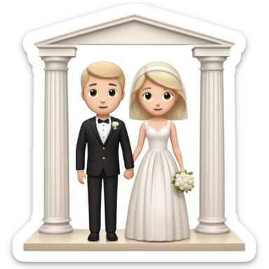 A 3D cartoon courthouse wedding venue with a bride and groom standing at the entrance, elegant white columns, soft natural lighting, simple modern decor, minimal background, realistic Memoji-style rendering. sticker