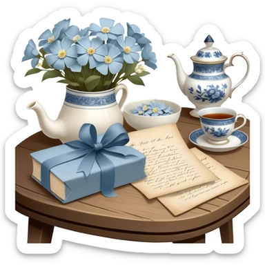 A timeless arrangement of a dusty blue silk ribbon loosely wrapped around a bundle of aged letters, with pressed white flowers and a porcelain tea set in the background.
 sticker