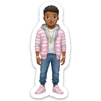Handsome Black guy with brown skin tone, with muscular build, wearing long baggy dark denim jeans, a white t-shirt, pink and gray striped fuzzy cardigan, white Nike sneakers, a gold watch, and a dainty chain sticker