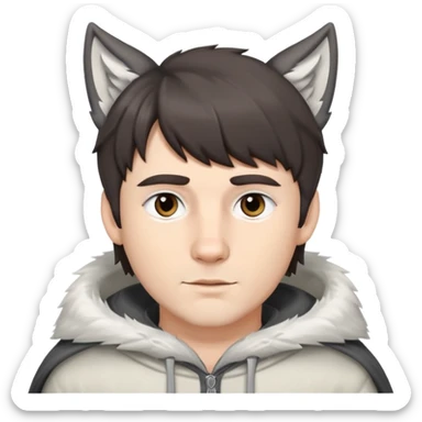 white man with grey eyes, dark short brown hair with curtain bangs, and white wolf ears sticker