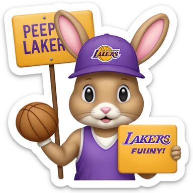 A tanish bunny with a Lakers hat and a sign that says "peewee" sticker