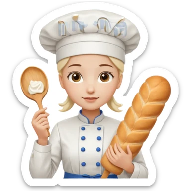 Young female baker - white chef hat, holding cream piping bag and bread sticker