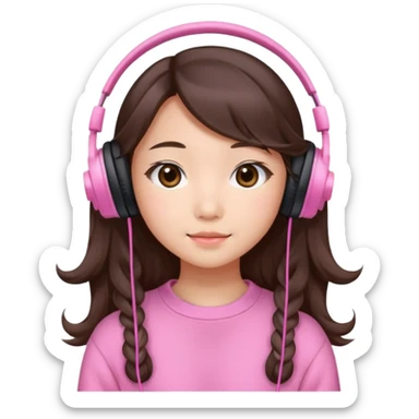 a asian japanese girl with wavy long silky brown hair and no bangs. the right side of hair is set on her shoulder she has a cute pink gaming headphones. she is wearing a cute pink sweater  sticker