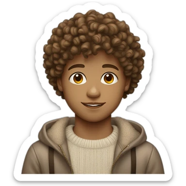 Boy with curls from Venezuela, semi-light brown curly hair. Wearing a sweater with fringes of 3 aesthetically pleasing. colors. "White skin" sticker