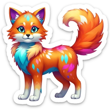 Vibrant multicolored neon-colored Falvie-Fionbri-creature-sparkle-feline-canine-hybrid-fursona, full body, fur pattern-markings sticker