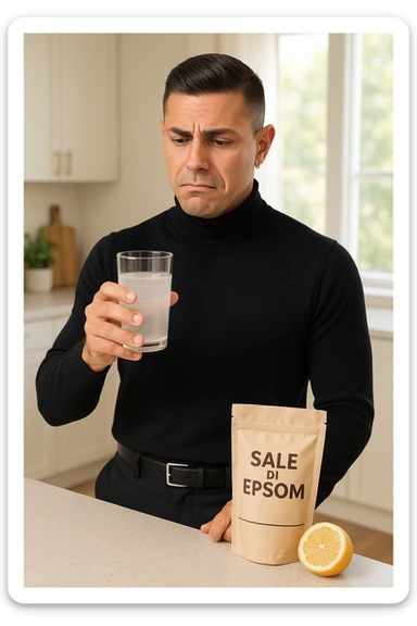 A realistic, bright photo-style image of a young man in his 30s standing in his kitchen, holding a clear glass filled with water in which Epsom salt (magnesium sulfate) has been dissolved. He looks focused but slightly uncertain as he prepares to drink it for a liver flush or digestive cleanse. The glass shows slight cloudiness from the dissolved salt. On the counter are a packet labeled 'Sale di Epsom' and a sliced lemon, suggesting he might use it to mask the taste. The setting is clean, natural, and bright with neutral tones. The background shows sunlight streaming through a window, emphasizing a clean, minimalist health-focused environment. The mood conveys a realistic, calm moment of self-care with a hint of discomfort, illustrating a natural detox practice in italiano sticker
