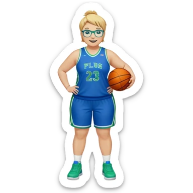 Full Body plus size white female basketball player with medium brown with blond hair with short spike hair wearing blue glasses 
With a small wide nose wearing blue green uniform  green sneakers smiling wearing silver hoop earring  sticker