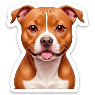 Cinematic Cute Red/Fawn Staffordshire Bull Terrier Portrait Emoji, Head tilted playfully and inquisitively, featuring a glossy red/fawn Fur with a vibrant sheen and delicate white accents, round, sparkling dark eyes filled with curiosity, Simplified yet irresistibly adorable features, highly detailed, glowing with a warm, friendly glow, high shine, affectionate and spirited, stylized with a touch of whimsy, bright and endearing, soft glowing outline, capturing the essence of a mischievous yet loving pup, so playful it feels like it could bound out of the screen and into your arms! sticker