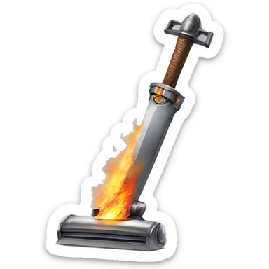 A realistic Dyson Vacuum cleaner holding a medieval sword that is on fire  sticker