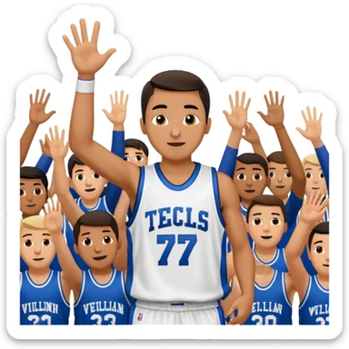Maverick Trevillian in the crowd at an amateur basketball game. He leans towards the camera and enthusiastically shouts "six seven while performing a distinctive hand gesture: both hands open, palms facing upward, moving up and down as if weighing two options. sticker