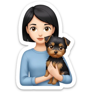 A beautiful girl with short black hair holding a Yorkshire Terrier sticker