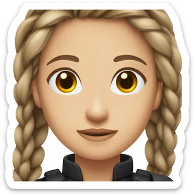 A young woman with a petite and slender build, pale, hazel eyes, and long brown hair that has a silver streak, pulled back into a braid. She’s wearing black tactical gear. sticker