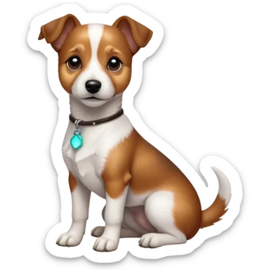 cinematic-[jack Russel terrier]-realistic-full-body-sitting-emoji,-tail-resting-loosely-beside-its-paws,-head-tilted-dramatically, -sleek-[brown and white]-fur,-simplified-yet-realistic-focused-features,-highly-detailed,-glowing-with-an-almost-sarcastic-glow sticker