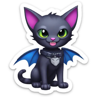  cool edgy kawaii dark-punk-themed animal vampiric cat-hybrid Fakemon with fangs and bat-wing-ears with a collar full body sticker