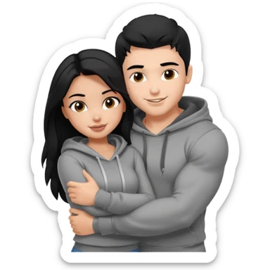 a pretty bratz boy with black hair and a grey hoodie, big biceps, hugging a girl with dark brown hair sticker